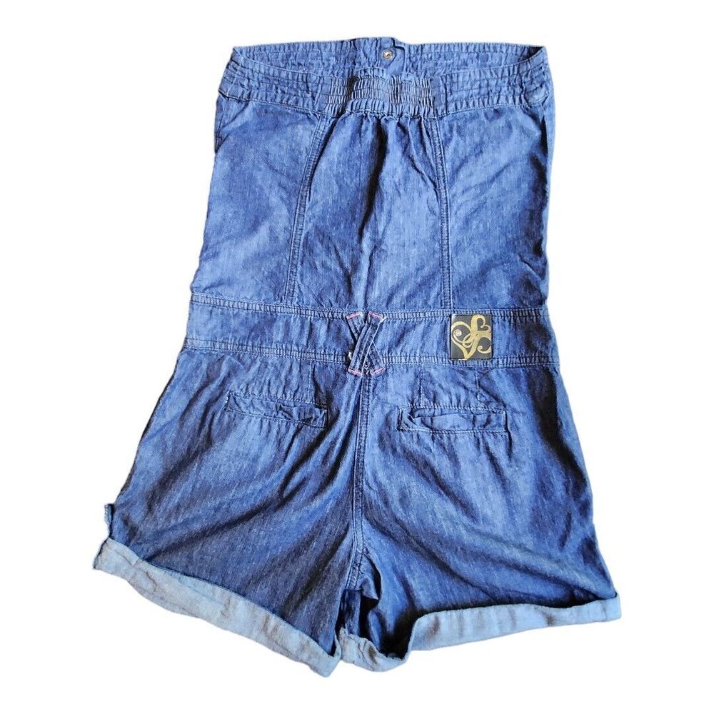 Womens Southpole Blue‎ Denim Romper Jumper Sz Medium Gold Sequin Y2K Shorts Logo - Picture 2 of 13